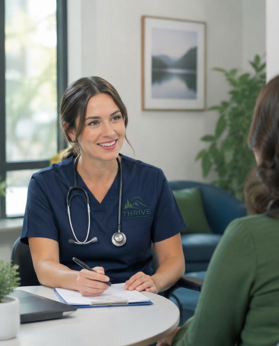 Nurse practitioner talking with a patient in the Thrive clinic