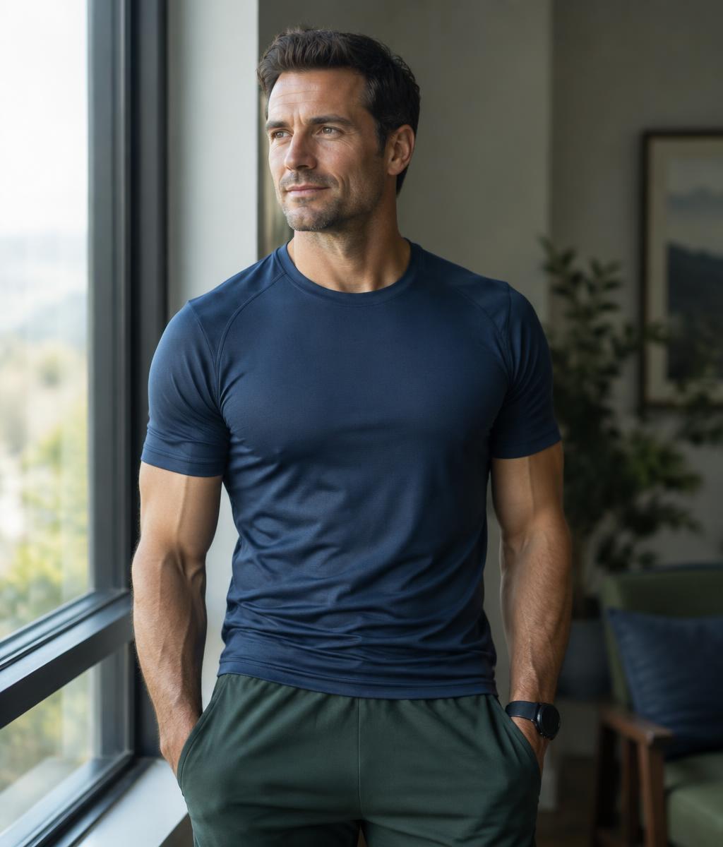 Man in his forties looking healthy and energized in morning light