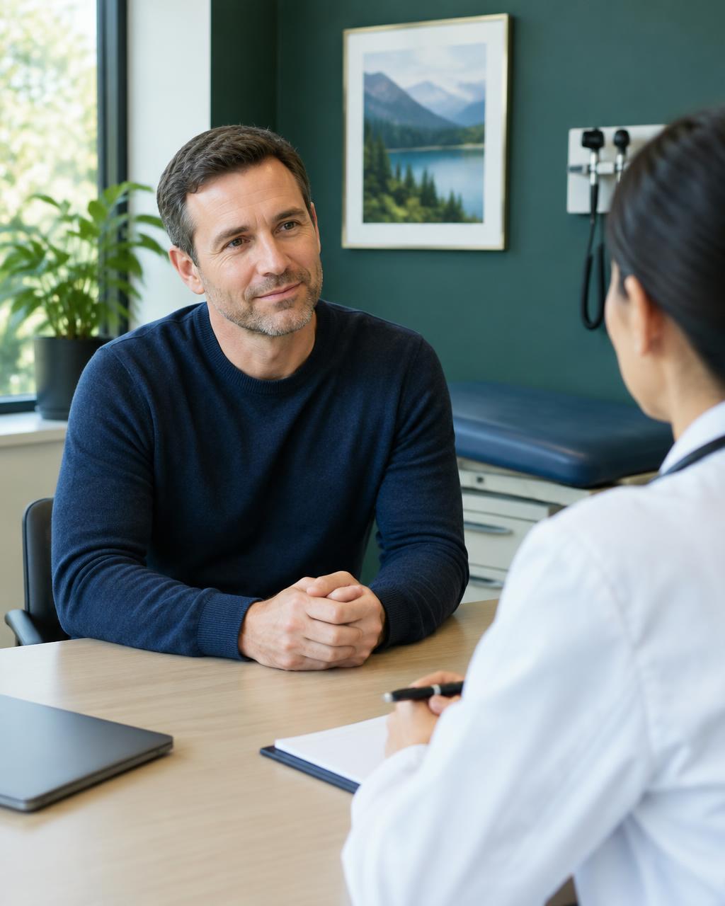 A man discussing testosterone therapy with his provider